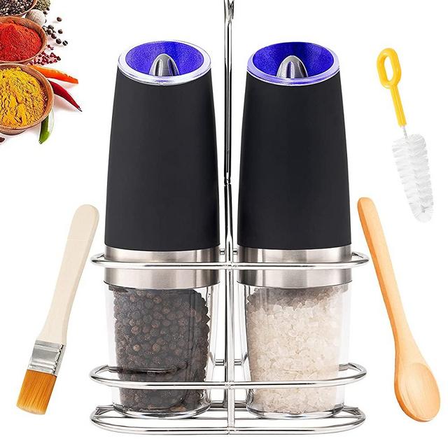 Gravity Electric Salt and Pepper Grinder Mill [Set of 2] with Blue LED Light. Flip to Grind. One Hand Operation, Adjustable Coarseness. Includes Stand, Spoon and Brush. Automatic Battery Powered