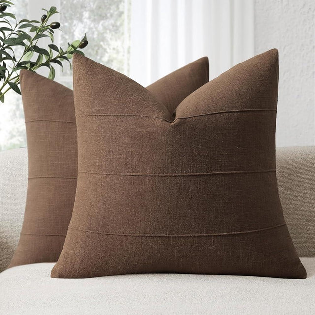 ZWJD Decorative Linen Throw Pillow Covers 18x18 Set of 2 Solid Handcrafted Striped Cushion Covers for Bed Soft Modern Farmhouse Neutral Pillowcase for Couch Bedroom Living Room Home Decor(Brown)