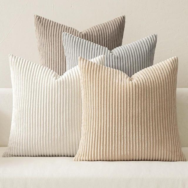 MIULEE Pack of 4 Neutral Tan Corduroy Decorative Throw Pillow Covers 18x18 Inch Soft Boho Striped Pillow Covers Modern Farmhouse Home Decor for Winter Sofa Living Room Couch Bed
