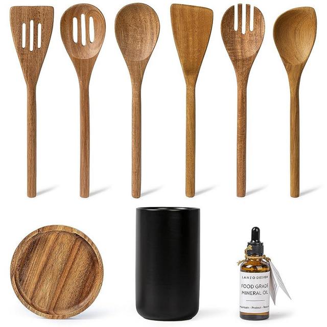 Lanzo Design Kitchen Utensil Set, 8 pcs Wooden Cooking Utensils Spatula Set with Ceramic Holder (Black Holder)