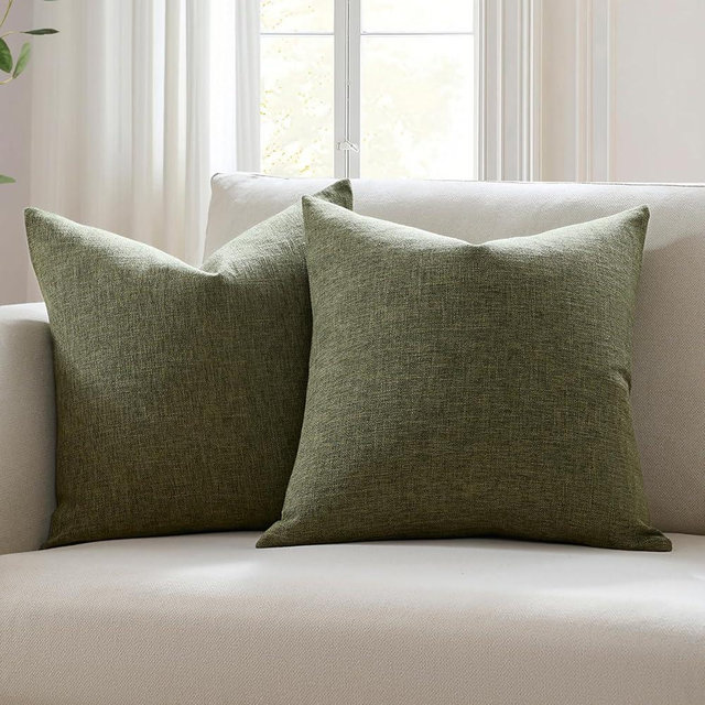 Meekio Set of 2 Dark Moss Green Throw Pillow Covers 22x22, Modern Farmhouse Linen Blend Decorative Pillow Covers for Couch Sofa Bed, Earth Tone Home Decor