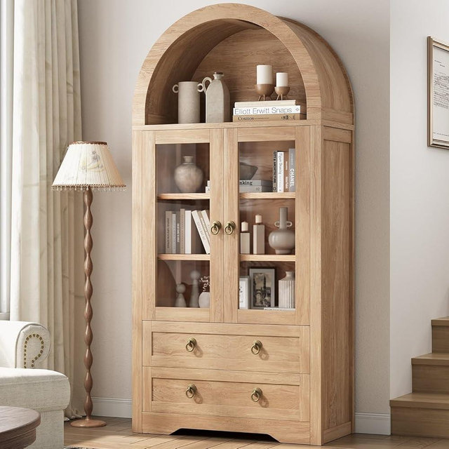 Jocoevol Kitchen Pantry Cabinet, Arched Bookshelf Bookcase China Pantry Storage Cabinet with Drawers Doors and Shelves,71“ Tall Food Pantry Funiture for Living Room,Dining Room (Natural)