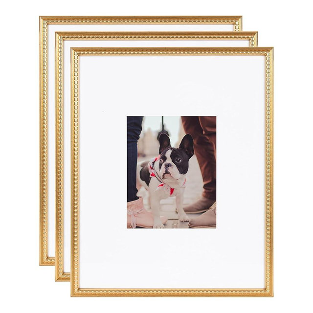 Kate and Laurel Adlynn Rectangle Beaded Picture Frame Set of 3, 16 x 20 matted to 8 x 10, Gold, Vintage Three-Piece Frame Set for Gallery Wall Frame Set in Living Room Wall Decor
