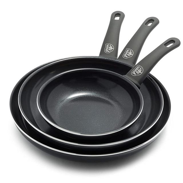 GreenLife Soft Grip Healthy Ceramic Nonstick, 8" 10" and 12" Frying Pan Skillet Set, PFAS-Free, Dishwasher Safe, Black