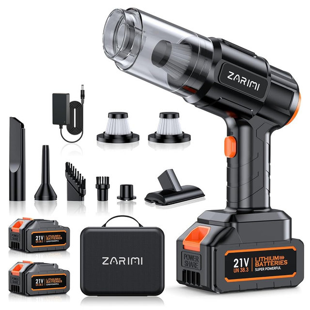 ZARIMI Portable Cordless Car Vacuum - 50,000Pa High-Power Brushless Motor, Rechargeable Handheld Vacuum Cleaner with 2 Batteries & Charger, 6-in-1 Vacuum Cleaners for Home, Keyboard, Pet Hair, Black
