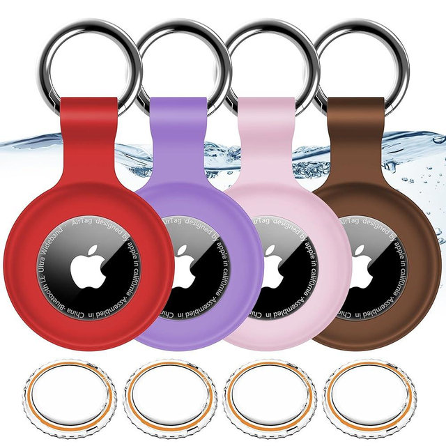 4 Pack,IPX8 Waterproof Airtag Holder for Apple Air Tags with Air Tag Keychain,Shockproof GPS Cover [Anti-Scratch] [PC+Silicone] Air-Tag Item Finders Case for Pets,Kids,Luggages-Red/Pink/Purple/Brown