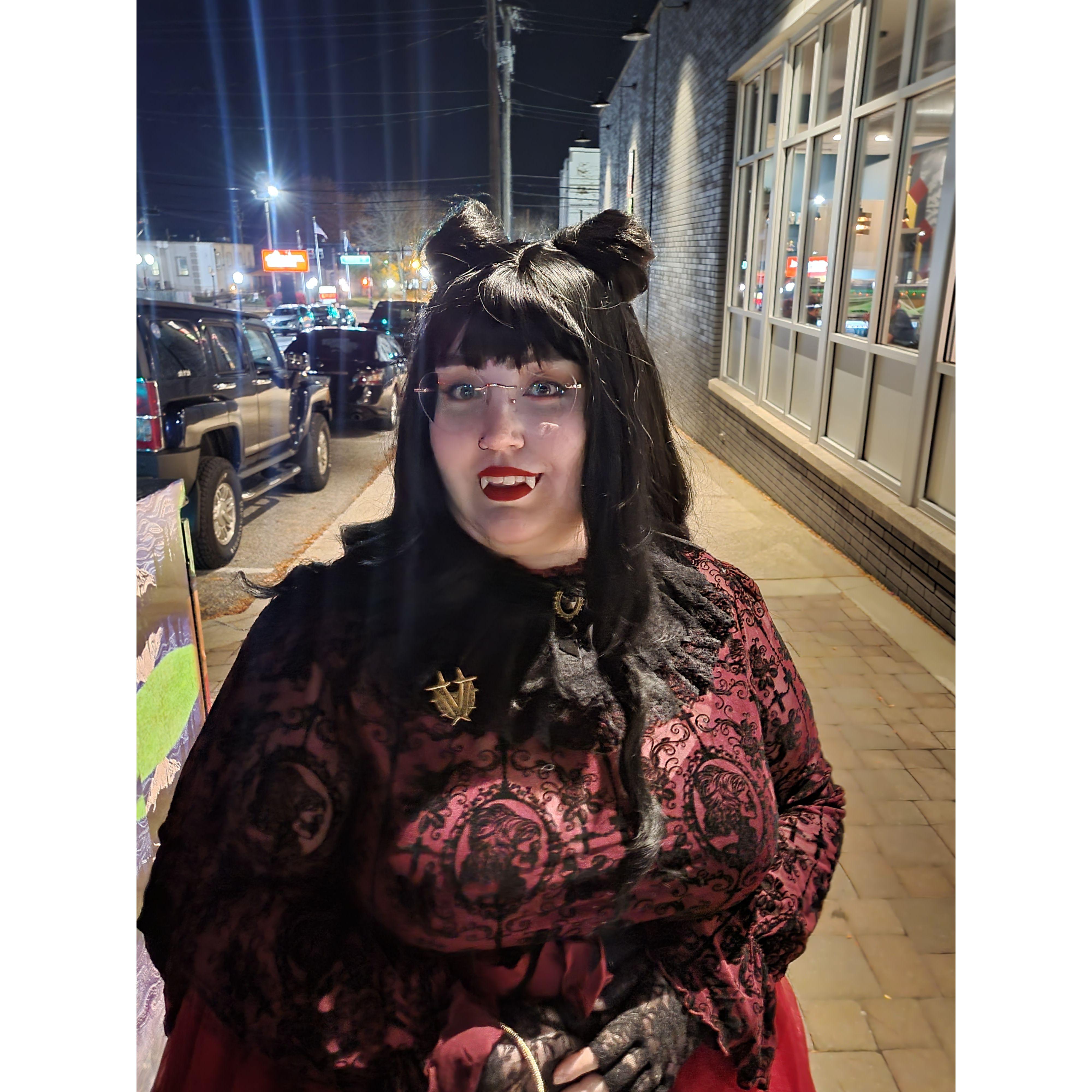 Emily dressed as Nadja of Antipaxos on Halloween from What We Do in the Shadows.