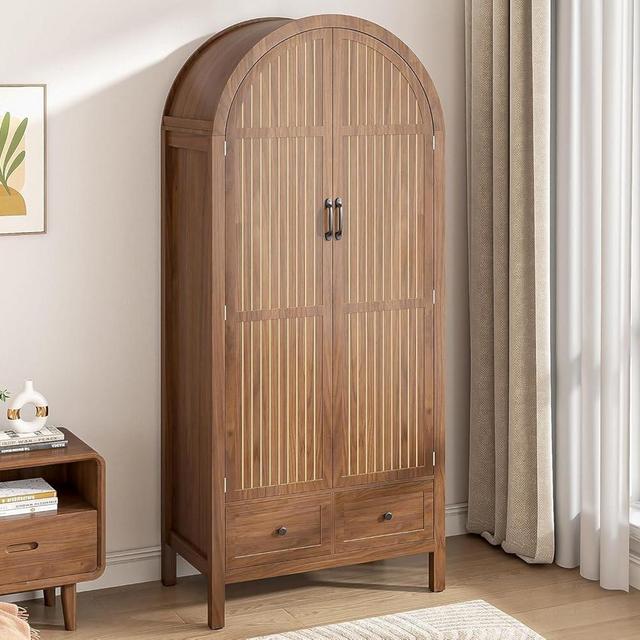 Lxsxlome Armoire Wardrobe Closet, Modern Wardrobe Closet with Drawers and 2 Arched Fluted Doors, 70.87‘’ Tall Wooden Bedroom Armoires with Shelves and Hanging Rod (1, Walnut)