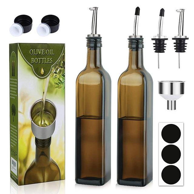 [2 PACK]Aozita 17 oz Glass Olive Oil Dispenser Bottle Set - 500ml Dark Brown Oil & Vinegar Cruet Bottle with Pourers, Funnel and Labels - Olive Oil Carafe Decanter for Kitchen