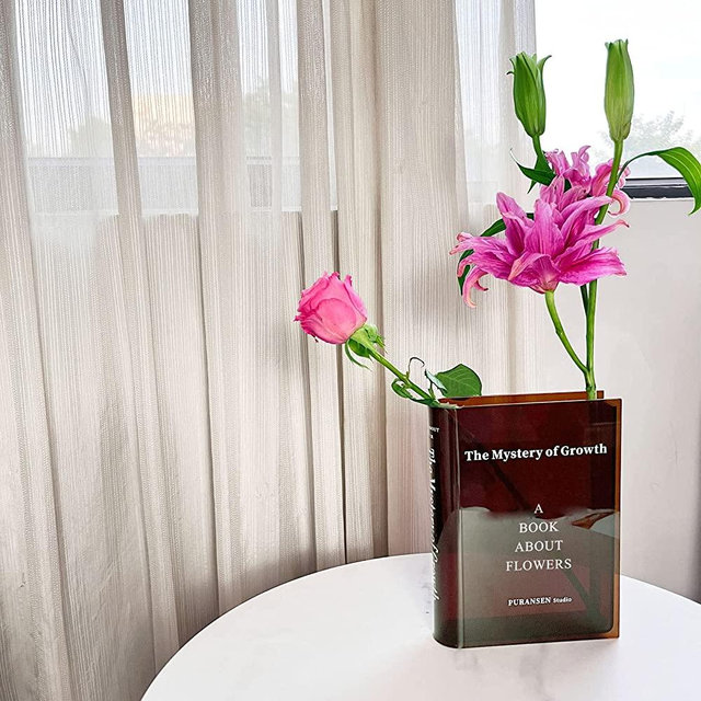 Puransen Book Vase for Flowers Aesthetic Room Decor, Artistic and Cultural Flavor Decorative Acrylic Vase, Unique Home/Bedroom/Office Accent, A Book About Flowers (Clear Brown)