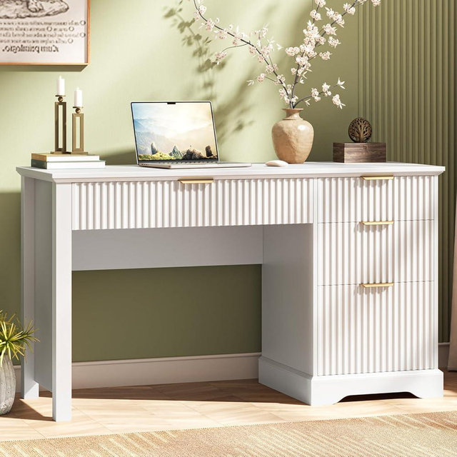 Vabches Fluted Executive Desk with Drawers, Wood Computer Desk with Ample File Drawer, Home Office Desk with Storage for Study, Bedroom, Living Room, White