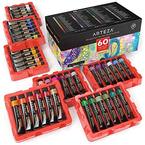 ARTEZA Gouache Paint, Set of 60 Colors/Tubes (12 ml/0.4 US fl oz) Opaque Paints, Ideal for Canvas Painting, Watercolor Paper, Toned Paper, or Using with Watercolors and Mixed Media