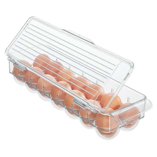 iDesign Recycled Plastic Egg Holder Fridge Organizer with Hinged Lid and Handles – 4.82” x 14.5” x 2.95”, Clear Bin