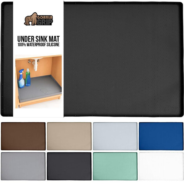 GORILLA GRIP Waterproof Silicone Under Sink Mat with Raised Lip for Kitchen and Bathroom, Cabinet Shelf Liner Stay in Place Mats Dishwasher Safe Drawer Liner, Organizer Tray, 15 x 22 in, Black