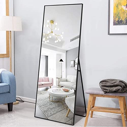Full Length Mirror Floor Mirror with Standing Holder Hanging /Leaning Large Wall Mounted Mirror Horizontal/Vertical Bedroom Mirror Dressing Mirror Aluminum Alloy Thin Frame (Black, 59" x 20")