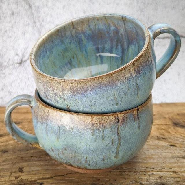 Handmade Blue Pottery Latte Mug Set