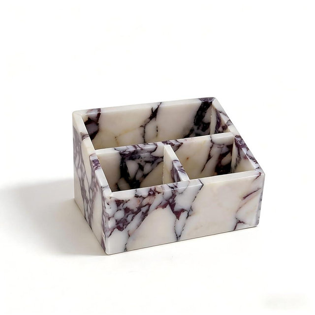 Artisanal Abode Natural Marble Desk Organizer with 3 Compartments, Large Marble Pen Holder and Makeup Organizer for Office Supplies, Makeup Brushes, Vanity and Countertop Storage, White and Purple