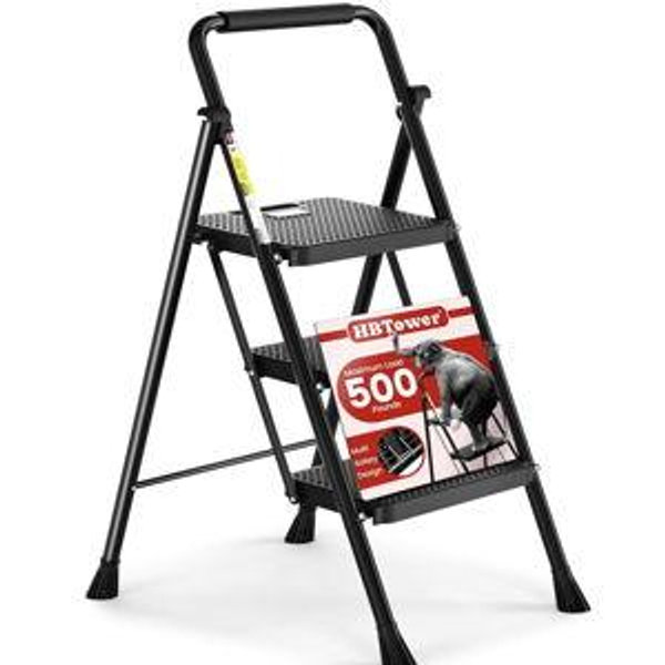 HBTower Step Ladder, Folding Step Stool with Wide Anti-Slip Pedal, Sturdy Steel Ladder, Convenient Handrail, Lightweight, Portable Steel Step Stool