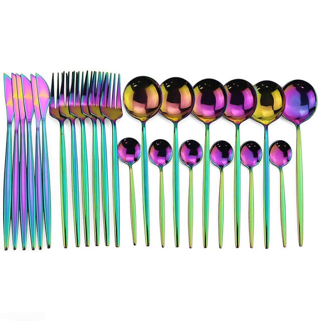 JANKNG 24-Piece Flatware Set, 18/0 Stainless Steel Knife Fork Spoon Teaspoon Silverware Set, Service for 6, MIrror Rainbow