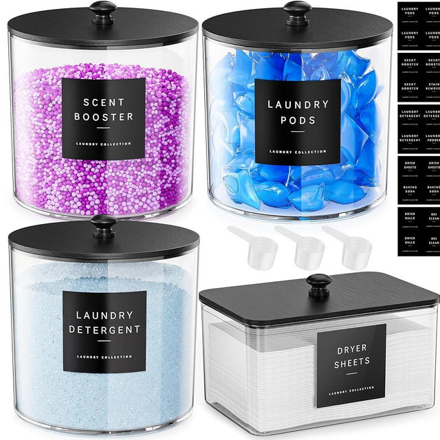 galasily 4 Pack Laundry Pods Container, Clear Laundry Room Organization Containers,Large Acrylic Detergent Powder Storage Containers Black Wooden Lids & Labels, Dryer Sheet Holder