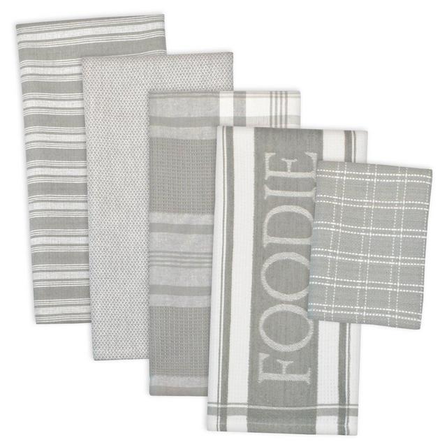 DII Assorted Decorative Kitchen Dish Towels & Dish Cloth Foodie Set, Ultra Absorbent for Washing and Drying (Towels 18x28&quot; & Cloths 13x13&quot;) Light Gray, Set of 5