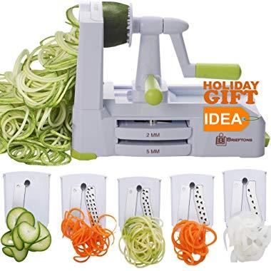 Brieftons 5-Blade Spiralizer (BR-5B-02): Strongest-and-Heaviest Duty Vegetable Spiral Slicer, Best Veggie Pasta Spaghetti Maker for Low Carb/Paleo/Gluten-Free, With Extra Blade Caddy & 4 Recipe Ebooks