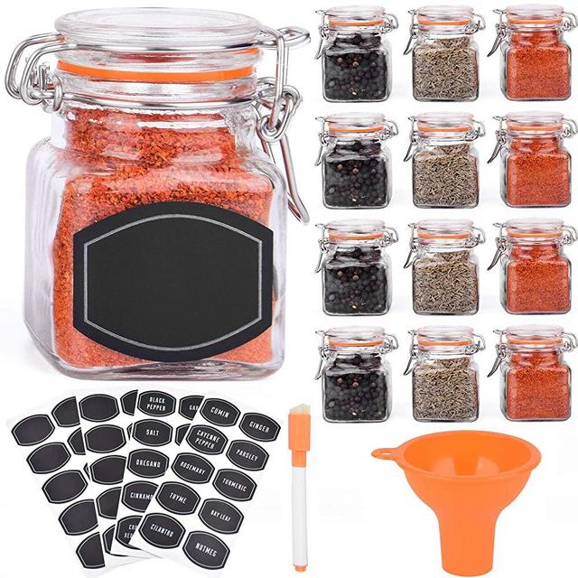 Spice Jars - 12 Airtight Flip Top Bottles with 40 Labels & Chalkboard Pen - Complete Set of 3.4 Ounce Square Empty Spice Bottles with Funnel | Kitchen Spice Organizer Clear Glass Jars