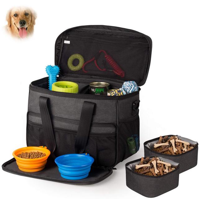 Hilike Pet Travel Bag for Dog&Cat -Weekend Tote Organizer Bag for Dogs Travel -Incudes1 Dog Tote Bag,2 Dog Food Carriers Bag,2 Pet Silicone Collapsible Bowls.(Black)
