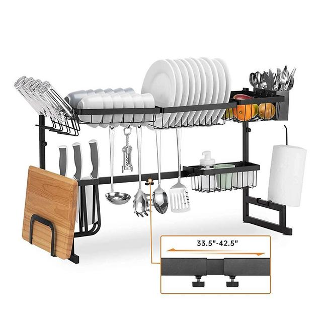 Befano Over The Sink Dish Drying Rack Adjustable (33.5-42.5"inch) Large Stainless Steel 2 Tier Expandable for Kitchen Countertop Space Save Storage Organizer Dish Rack Dryer With Utensils Holder Black