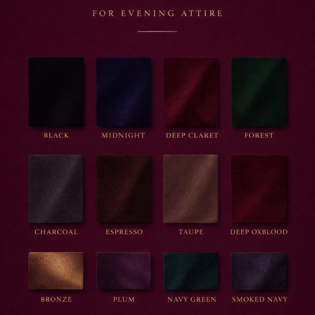 Suggested color palette for evening attire.
We invite you to draw inspiration from these tones while selecting your look.
