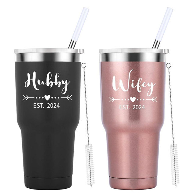 Mamihlap Hubby & Wifey Est 2024 Travel Mug 30oz Tumbler.Valentine’s Day Gifts.Anniversary Wedding Engagement Gifts.Gift for Couple Her Him Bridal Shower Husband Wife Newlywed Couple.(Black&Rose Gold)
