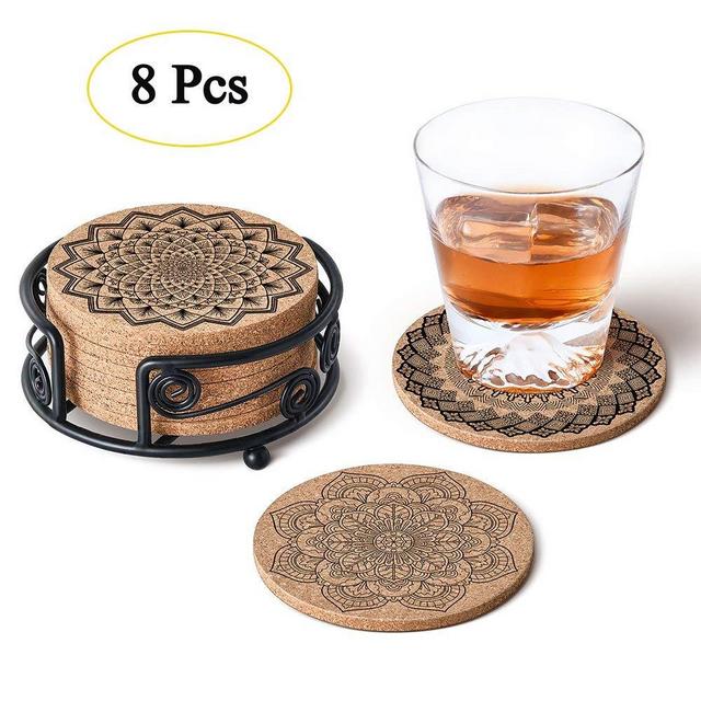 GALAROES Natural Cork Coasters with Metal Holder set of 8 Thick Absorbent Coaster for Drink, Cups, Mugs Present for Friends ,New Home,Housewarming Gifts,Living Room Decor,Apartment Decor,Holiday Party