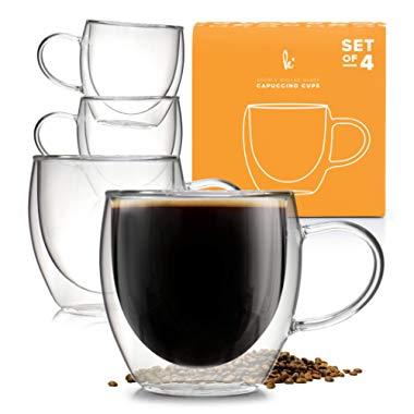 Coffee or Tea Glasses Set of 4-8oz Double Wall Thermal Insulated Cups with Handle