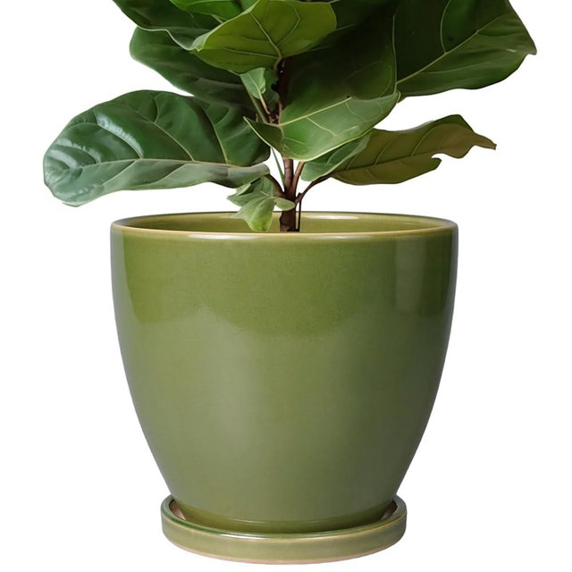 EPFamily Ceramic Pots for Plants - 10 Inch Planter for Indoor Ourdoor Plants Modern Large Flower Pot with Drainage Hole and Saucer Room Home Office Garden Patio Porch Decor Green