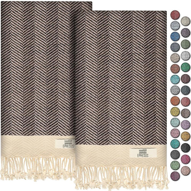 EPHESUS TOWELS Turkish Hand Towels - Set of 2 | 18" x 30" Decorative Boho Guest Bath Towel for Bathroom, Kitchen, Face, Hair, Tea, Dishcloth (Herringbone, Coffee)