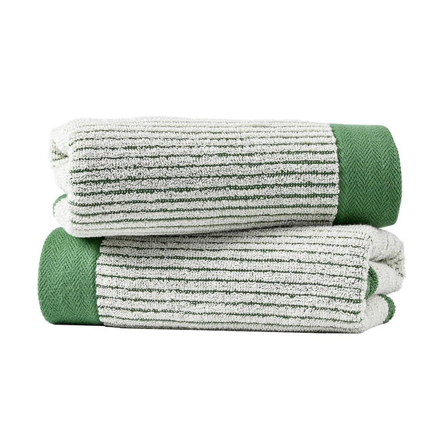 sense gnosis Hand Towels Set of 2 100% Cotton Absorbent Beige Ribbed Striped Green Border Decorative Bath Hand Towels for Bathroom Gym Camping, Beige/Green