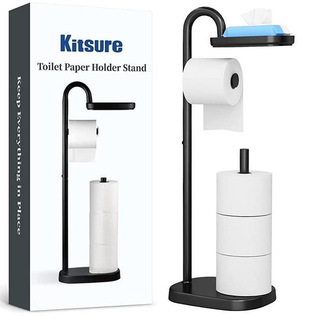 Kitsure Toilet Paper Holder Stand - Free-Standing Toilet Paper Holder with a Weighted Base, Durable & Rustless Toilet Paper Holder with Shelf and Storage Design, Black