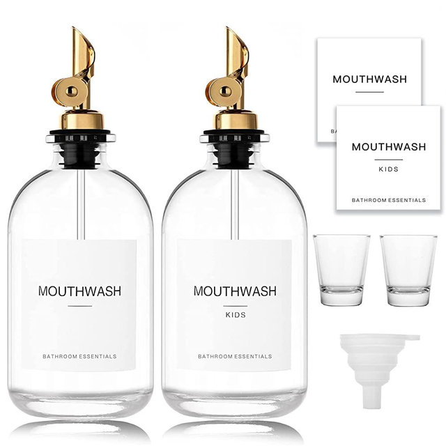 HomeFeel Glass Mouthwash Dispenser with Cups, 12.7 oz, 2 Pack - Clear Mouthwash Bottle with 304 Stainless Steel Spout & Minimalist Labels, Style Mouthwash Container for Bathroom, Gold