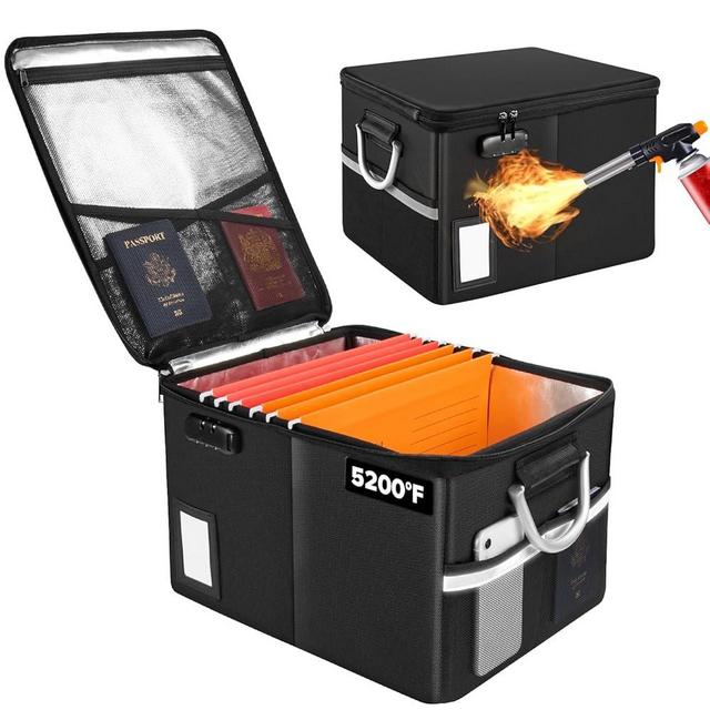 TOMKID 5200°F Fireproof Document Box, Fire Important Document Organizer with Lock, Upgraded Heat Insulated Filing Storage Cabinet Office Organization (5200°F Fireproof Box, Black)