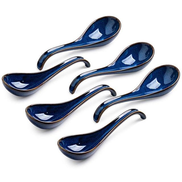 LYEOBOH Soup Spoons set of 6, Chinese Deep Soup Spoon - 6.5 inch Ceramic Korean Tablespoons for Ramen, Rice, Noodle, Asian Spoons with Deep Hook Design, Vintage Blue