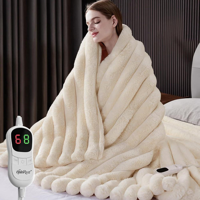HaloRest Heated Blanket Twin Size, Faux Fur Cozy Heating Blanket with Overheat Protection, 1/2/4/6/8 Hours Auto-Off 10 Heat Level, Machine Washable (62x84 Inches, Cream White)
