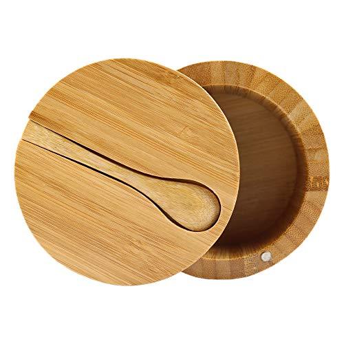 Bamboo Seasonings Box with Mini Spoon,Kitchen Salt Pepper Spice Cellars Storage Container with Swivel Magnetic Lid By HTB