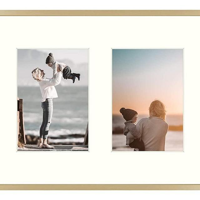 11x14 Gold Aluminum Metal Frame with Ivory Mat - Displays Two 5x7 Photos - Real Glass, Sawtooth Hangers, Swivel Tabs - Wall Mounting, Landscape, Portrait
