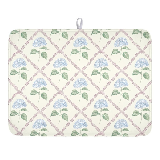 Hydrangea Floral Dish Drying Mat for Kitchen Counter Watercolor Blue and Pink Flower Drying Mat 18x24 Inch Rustic Elegant Absorbent Dish Drainer Mat Kitchen Accessories