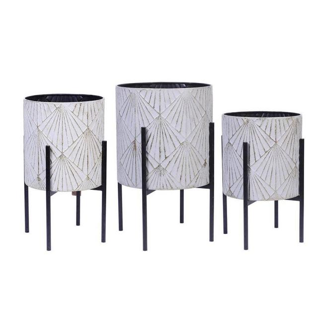 Gray and Gold Metal Planters with Black Stand (3-Piece)