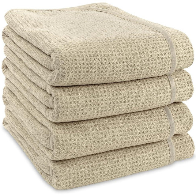 S&T INC. Bath Towels, Premium Waffle Towels for Bathroom, Extra Large, Absorbent Microfiber for Home, Yoga, and Gym, Honeycomb Weave, 30 Inches x 60 Inches, 4 Pack, Beige