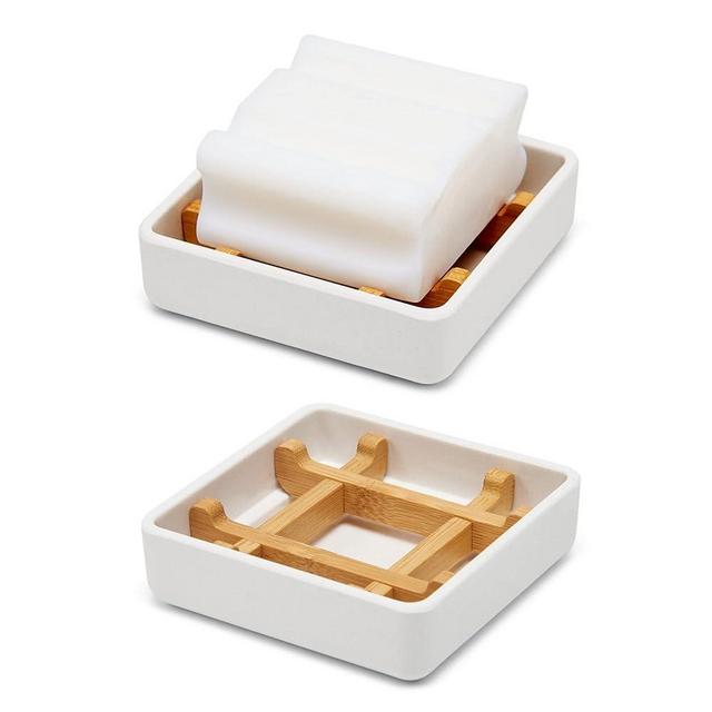 Wooden Bamboo Square Soap Dishes for Bar Soap Holder for Shower with Drain for Bathroom Small Soap Dish Detachable（Single Pack Right Angle White）