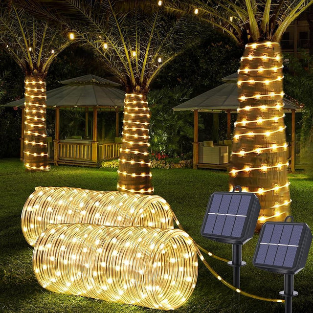 Solar Rope Lights, 2 Packs 66ft 200LED Solar String Lights, 8 Modes Waterproof Solar Powered Outdoor Lights, Flexible Clear Tube Lights for Garden, Backyard, Patio, Deck, Pool,Tree Decor - Warm White