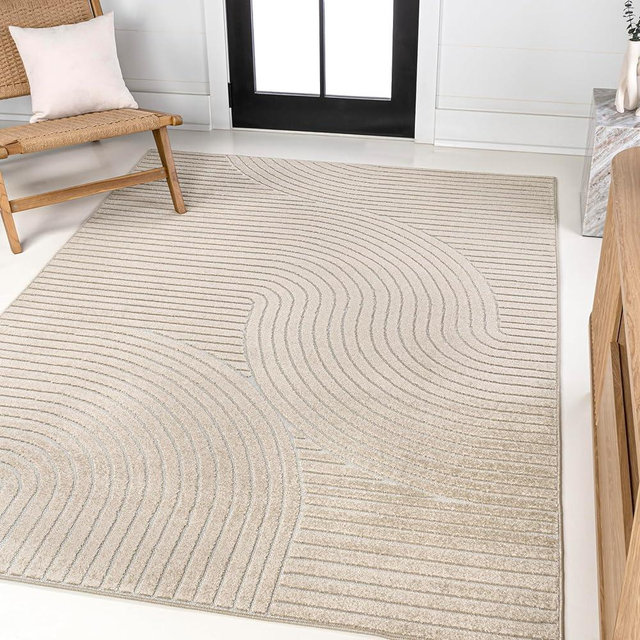 JONATHAN Y SCN100D-8 Hallie High-Low Minimalist Curve Geometric Beige/Cream 8 ft. x 10 ft. Indoor/Outdoor Area Rug for Patio, Backyard, Living Room, Bedroom, Office, Hose-Washable