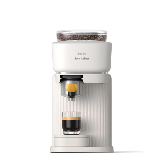 Philips Baristina Espresso Machine, Grind, Tamp & Brew Coffee Beans in One Swipe, Compact, 16 Bar Pump Pressure, Automatic Grinder, White with Mango Portafilter (BAR310/50)